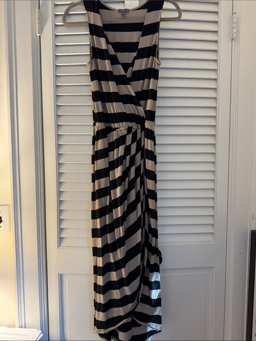Lilla P Black and Tan Striped Sleeveless Faux Wrap Maxi Dress